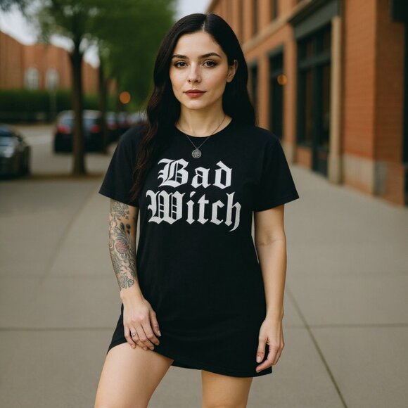 Bad Witch Graphic Tee W/ Gothic Print & Striped Arm Warmers – Trickz N Treatz - Picture 7 of 7